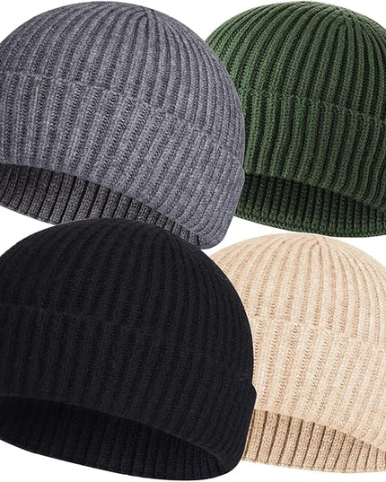ROYBENS 4 Pack Wool Fisherman Beanies for Men, Knit Short Watch Cap Winter Warm Hats