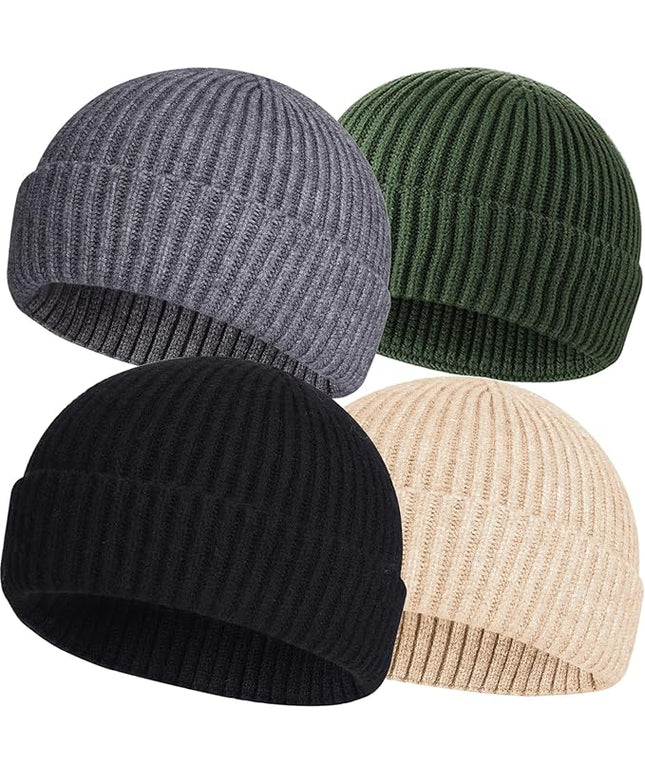 ROYBENS 4 Pack Wool Fisherman Beanies for Men, Knit Short Watch Cap Winter Warm Hats