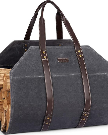 Log Carrier|Waxed Canvas Log Holder|Firewood Carrier Tote Bag|Fireplace Wood Stove Accessories-Grey