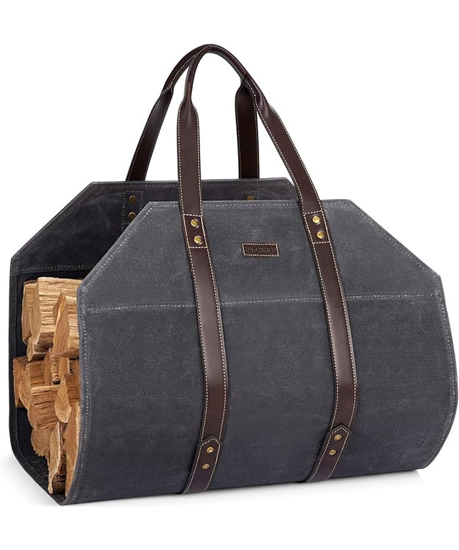 Log Carrier|Waxed Canvas Log Holder|Firewood Carrier Tote Bag|Fireplace Wood Stove Accessories-Grey