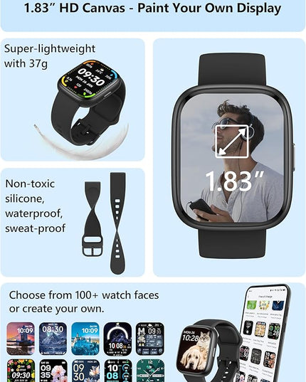 Smart Watch for Women Men Android & iPhone [2 Bands, 44mm case], Alexa Built-in, 1.83'' Smartwatch Make/Answer Call, HR SpO2 Sleep Stress Monitor Fitness Tracker, IP68 Waterproof Step Counter Watch