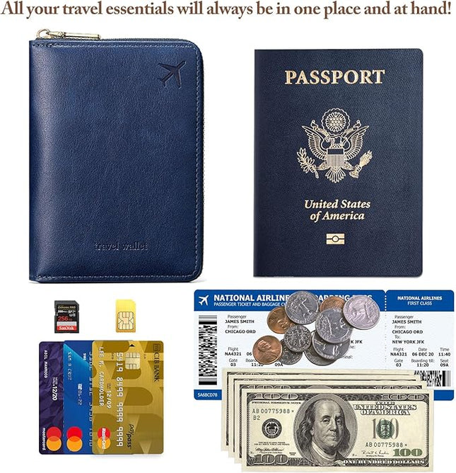 Passport Holder for Travel Women and Men RFID Passport Holder with Card Slots Holder Passport Case Passport cover Passport Wallet Travel Essentials and Accessories (Short Zipper, SZ-Navy)