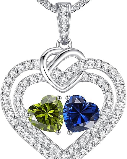 LOUISA SECRET Sparkling Double Heart Birthstone Necklaces for Women, 925 Sterling Silver Fine Jewelry, Pendant Heart Necklaces Birthday Anniversary Christmas Gift for Women Wife Mom Girlfriend Lady