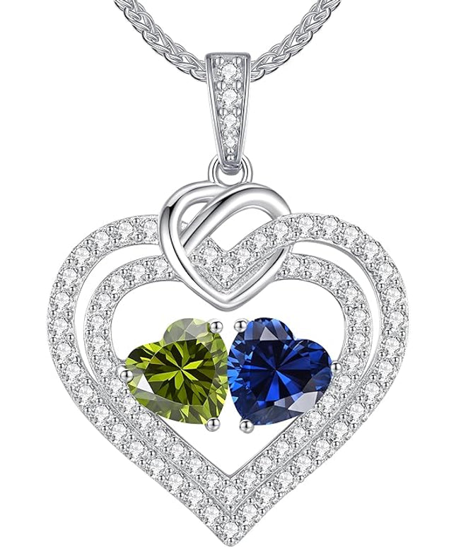 LOUISA SECRET Sparkling Double Heart Birthstone Necklaces for Women, 925 Sterling Silver Fine Jewelry, Pendant Heart Necklaces Birthday Anniversary Christmas Gift for Women Wife Mom Girlfriend Lady