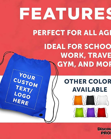 DISCOUNT PROMOS Custom Classic Polyester Drawstring Bagpack Set of 10/50/100, Personalized Bulk Pack - Great for Travelling, Gym and for Everyday Use - Royal Blue