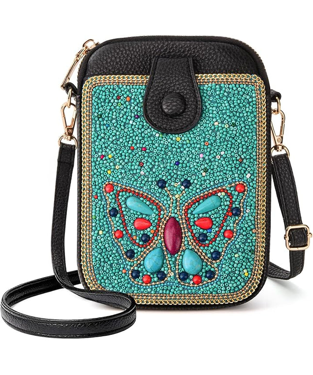 Women's Small Crossbody Cell Phone Bag, Boho Colorful Beaded Purse Wallet with Handmade Cute Patterns