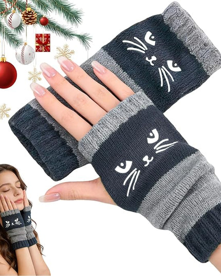 Women's Knitted Fingerless Gloves with Cute Cat Embroidery, Warm Fashion Leaky Finger Casual Cat Splicing Knitted Gloves