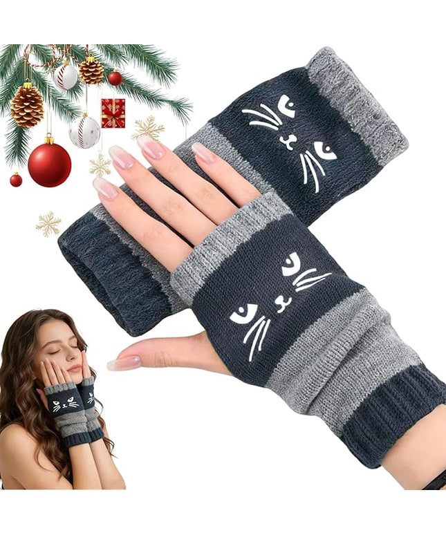 Women's Knitted Fingerless Gloves with Cute Cat Embroidery, Warm Fashion Leaky Finger Casual Cat Splicing Knitted Gloves