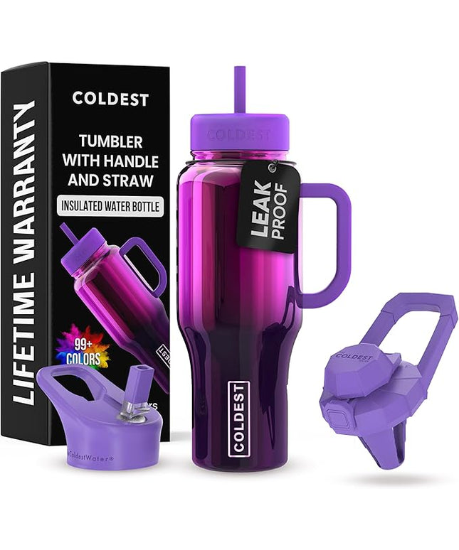 Coldest Tumbler with Handle and Straw - 100% Spill Proof Tumbler with Straw (3 Lids) - Stainless Steel Insulated Leakproof Tumblers for Women & Men - Cup Holder Friendly - 36 oz (Purple Nova)