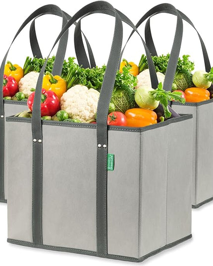 Creative Green Life Reusable Grocery Bags (3 Pack) – Heavy Duty Reusable Shopping Bags with Box Shape to Stand Up, Stay Open, Fold Flat – Large Tote Bags with Long Handles & Reinforced Bottom (Gray)