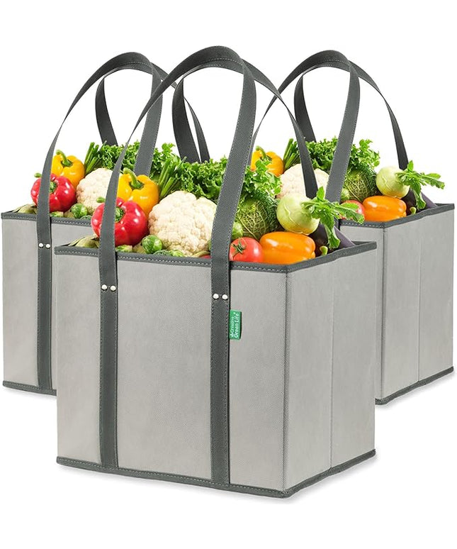 Creative Green Life Reusable Grocery Bags (3 Pack) – Heavy Duty Reusable Shopping Bags with Box Shape to Stand Up, Stay Open, Fold Flat – Large Tote Bags with Long Handles & Reinforced Bottom (Gray)