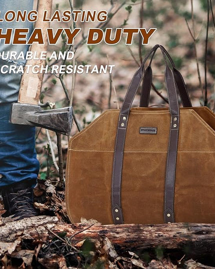 Canvas Firewood Log Carrier Bag, Waxed Durable Wood Tote of Fireplace Stove Accessories, Extra Large Hay Hauling with Handles for Outdoor Camping-Rust