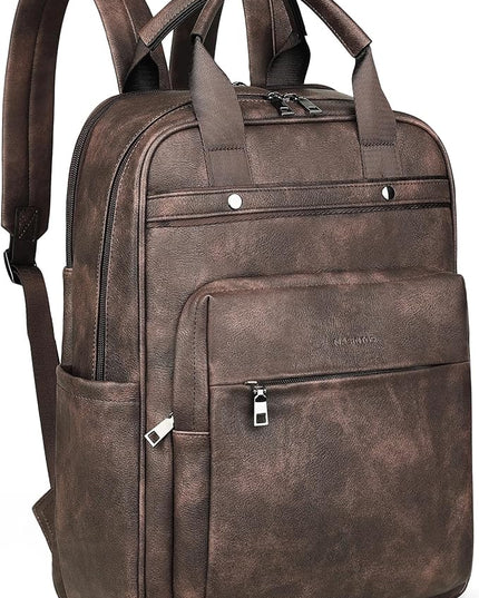 MASINTOR Leather Laptop Backpack for Women, Stylish Computer Backpack College Business Work Shoulder Bags Work and Travel Retro Coffee