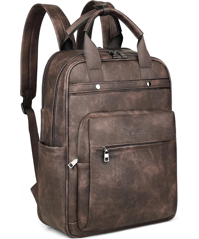 MASINTOR Leather Laptop Backpack for Women, Stylish Computer Backpack College Business Work Shoulder Bags Work and Travel Retro Coffee
