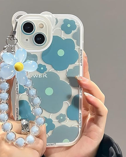 Compatible with iPhone 14 Pro Case Blue Shockproof Cover Camera Lens Case Cute, Clear, Floral Bear, Lovely Flower, Wrist Strap Bracelet Chain, for Women, Girly