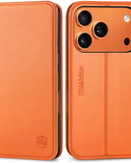 SHIELDON Case Wallet for iPhone 17 Pro 6.3-inch | Genuine Leather, RFID Blocking Credit Card Holder, Magnetic Closure, Folio Design, Kickstand, TPU Soft Full Protective Cover 2025 - Orange