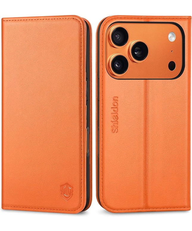 SHIELDON Case Wallet for iPhone 17 Pro 6.3-inch | Genuine Leather, RFID Blocking Credit Card Holder, Magnetic Closure, Folio Design, Kickstand, TPU Soft Full Protective Cover 2025 - Orange