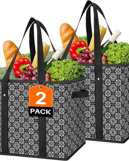 WISELIFE Reusable Grocery Bags [2 Pack],Large Grocery Tote Bag Water Resistant Shopping Bags Foldable Grocery Bag for Clothes,Shoes and Picnic,Black