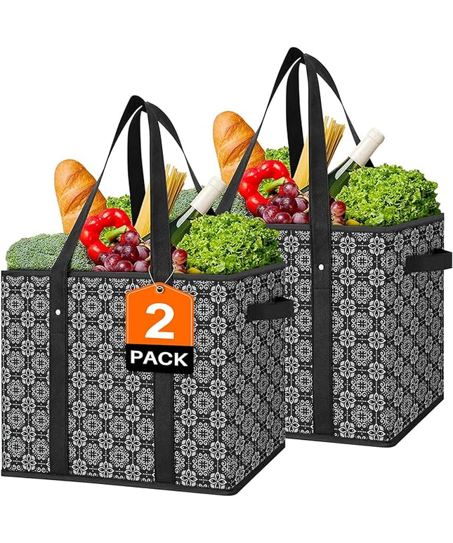 WISELIFE Reusable Grocery Bags [2 Pack],Large Grocery Tote Bag Water Resistant Shopping Bags Foldable Grocery Bag for Clothes,Shoes and Picnic,Black