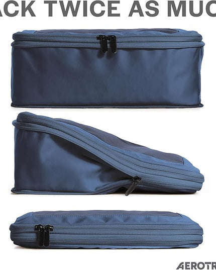 Aerotrunk Compression Packing Cubes for Travel - Luggage Organizer Bags - Double Zipper Packing Cubes for Suitcases (2-Pack, Dark Blue)