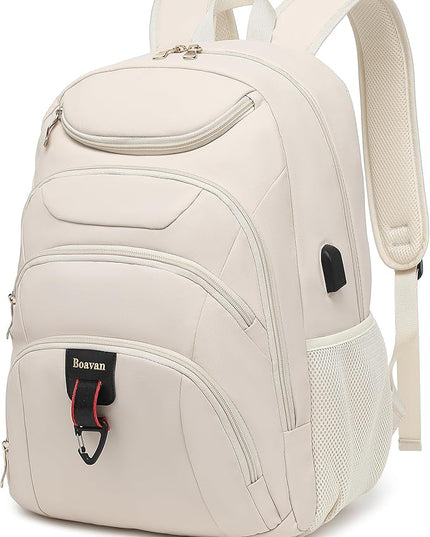 Boavan Laptop Backpack for women,15.6 inch Laptop Bag with USB Port, Waterproof Travel Work Backpack Purse, Anti-Theft Teacher Nurse Doctor Casual Bookbags Office Business backpack，Cream Beige