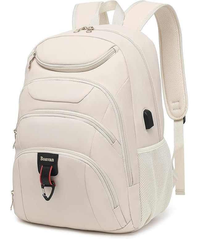 Boavan Laptop Backpack for women,15.6 inch Laptop Bag with USB Port, Waterproof Travel Work Backpack Purse, Anti-Theft Teacher Nurse Doctor Casual Bookbags Office Business backpack，Cream Beige