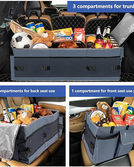 Trunk Organizer with Built-in Insulated Leak Proof Cooler Bag,Collapsible Cargo Organizer for SUV with Non Slip Bottom Strips,3 Large Compartments Foldable Waterproof Portable Car Storage Box XL
