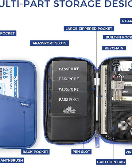 Travel Passport Holder, Large Family Passport Walle for Men Women RFID Passport Cover Lightweight Portable Document Organizer with Wrist Strap (Blue)