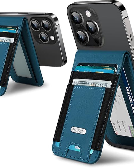 For Magsafe Wallet Stand, Strongest Magnetic Phone Wallet, Leather Magnetic Card Holder Wallet for iPhone 17/16/15/14/13/12 Series, ID Window, 4 Card Slots, Hold 10 Cards, RFID Blocking, Blue