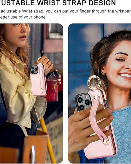 Folosu for iPhone 16 Pro Max Wallet Case with Card Holder, Hand Wrist Strap Loop Holder Kickstand, RFID Blocking Finger Grip Ring PU Leather Double Buttons Shockproof Cover 6.9" Rose Gold