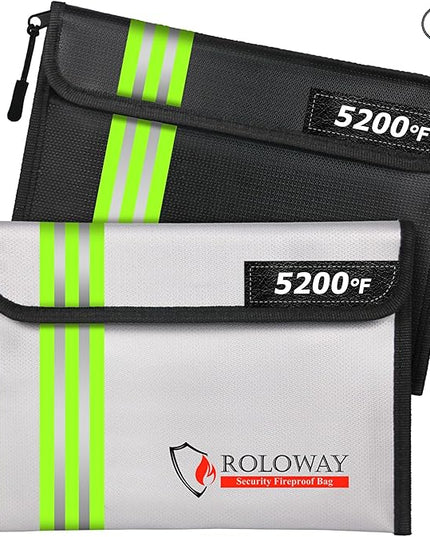 ROLOWAY Fireproof Bag (9.6 x 6.6 inches) 5200℉ Heat Insulated with Reflective Strip, Fireproof Money Bag with Zipper for Cash (2-Pack)