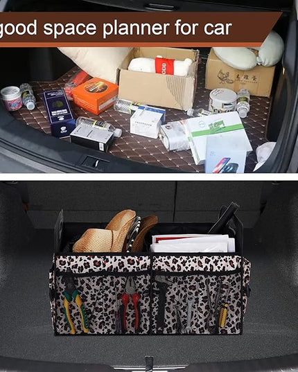 Femuar Car Trunk Organizer, Large Capacity Collapsible Trunk Storage with 11 Pockets, Waterproof, Non-Slip, Suitable for Car, SUV, Truck, Van, Jeep, Sedan, Leopard Print