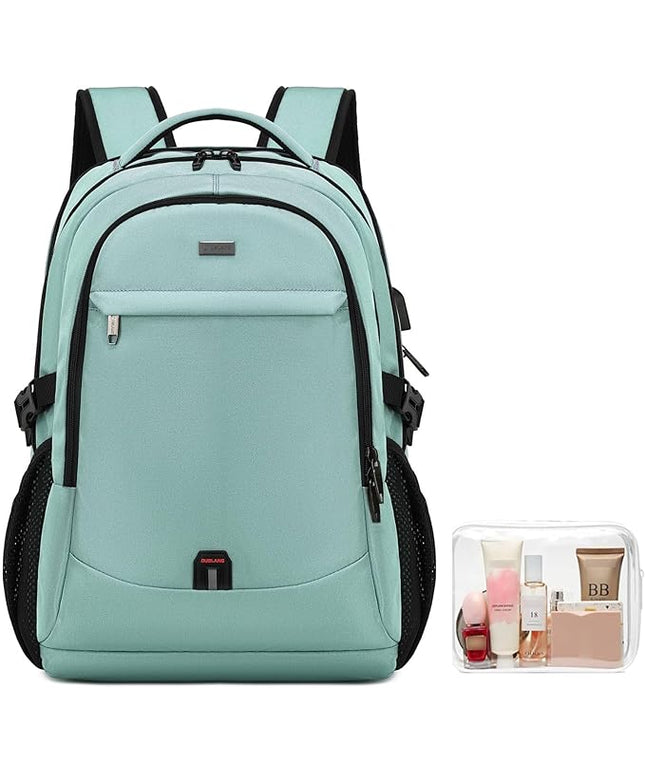 DUSLANG 17 Inch Laptop Backpack for Travel Water Resistant College Backpack for Men/Women Laptop Bag with USB Charging Port and Clear Cosmetic Toiletry Bag, Green A