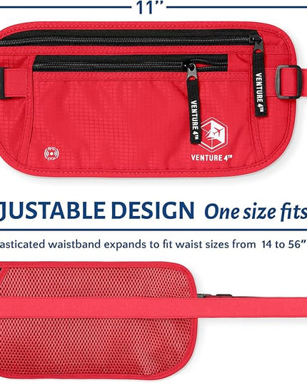 VENTURE 4TH Money Belt for Travel – Hidden Under-Clothes RFID Blocking Passport Holder & Slim Travel Wallet Pouch for Men & Women to Protect Cash, Cards & Documents (Red)