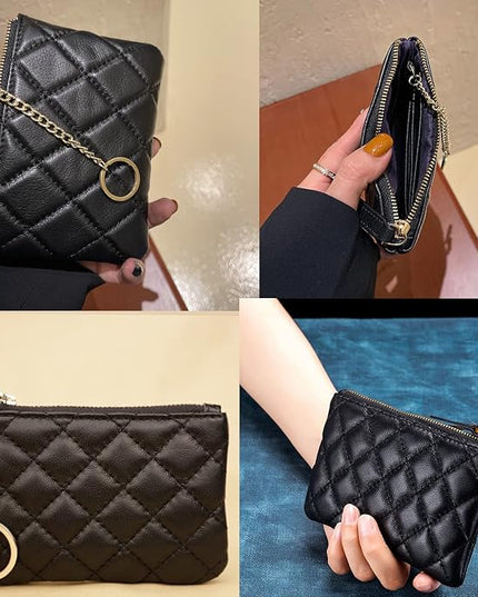 DORIS&JACKY Soft Lambskin Leather Coin Purse Small Quilted RFID Blocking Top Zipper Wallet With Key Chain