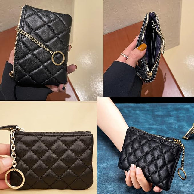 DORIS&JACKY Soft Lambskin Leather Coin Purse Small Quilted RFID Blocking Top Zipper Wallet With Key Chain