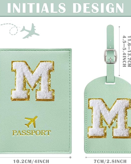 COSHAYSOO Green Initial Passport Cover Holder and Luggage Tag Set TSA Approved with Alphabet Chenille Letter Patch for Women Teenager Girls, PU Leather Traveling Bag Suitcase Identifier (M)