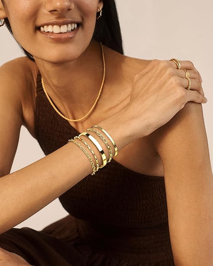 Gold Bracelets Set for Women Stack, Dainty Thick Bracelets Stack for Women Trendy, Simple Thin Gold Plated Cuff Stackable Bracelets With Beaded Cuban Paperclip Snake Rope Bangle Hand Chain Jewelry Gifts for Women Non Tainish
