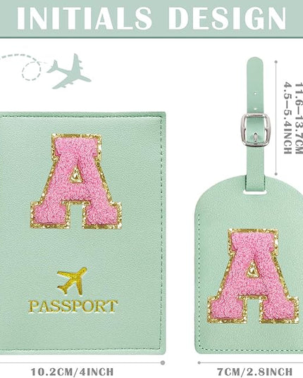 COSHAYSOO Initial Passport Cover Luggage Tag Set Letter Passport Holder Airplane Cruise Travel Essentials Vacation Traveling Accessories Personalized Gifts for Women Teen College Girls Teal A