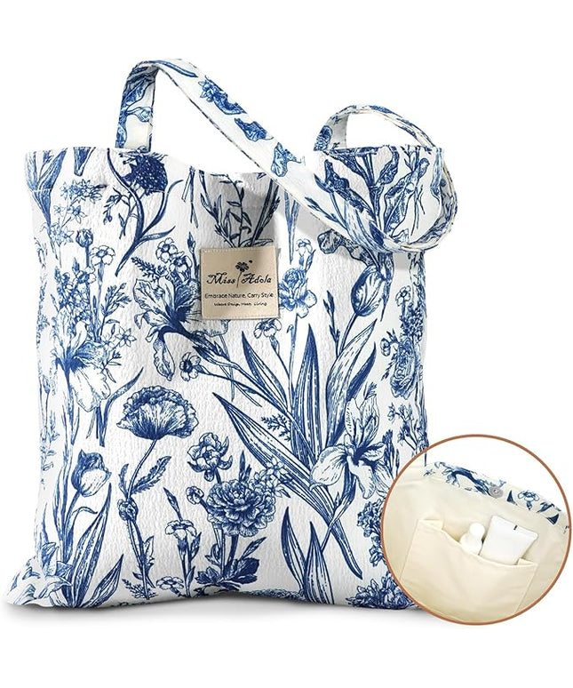 Aesthetic Cotton Tote Bag for Women - Reusable Shoulder Bag with Buckle Fabric Bag for Gym, Travel, Work