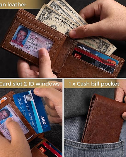 RUNBOX Wallet for Men Bifold RFID Blocking Wallets with 2 ID Window 14 Card Holders 1 cash pocket 1 Gift Box