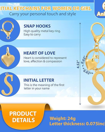 A-Z Heart Initial Letter Keychain, Stainless Steel Alphabet Charm for Handbags, Gift for Women and Girls