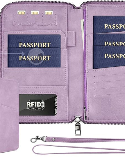Family Passport Holder Wallet RFID Travel Document Organizer for Women Men, Portable Case Cover for Cards, Boarding Pass with Wrist & Neck Double Strap, Travel Christmas Gifts (Apricot, 1pack)