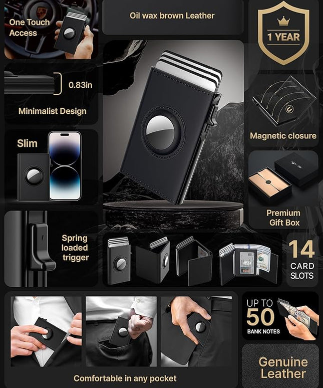 typecase Mens Wallet Card Holder for AirTag: Leather Smart Wallet for Men Compatible with Apple Air Tag, RFID Blocking, Slim, Minimalist - 9-14 Card Capacity | ID Window | Cash Slot (Deep Black)
