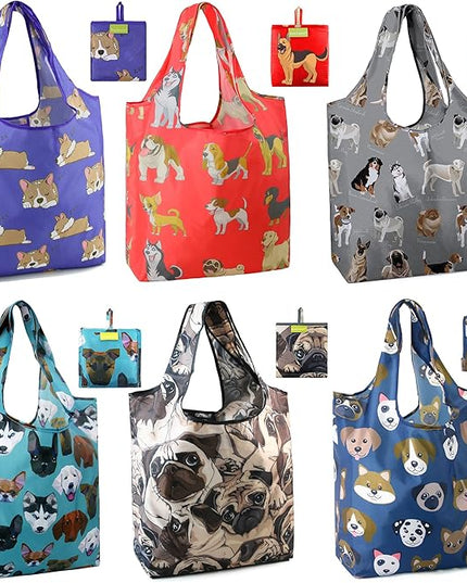 BeeGreen Cute Dog Cloth Gift Bags - Reusable Grocery Bag with Handles Foldable Washable 6 Pack - Extra Large Heavy Duty Tote Bag for Groceries (Bulk Holiday Packable Travel) - Shopping Bags for Women