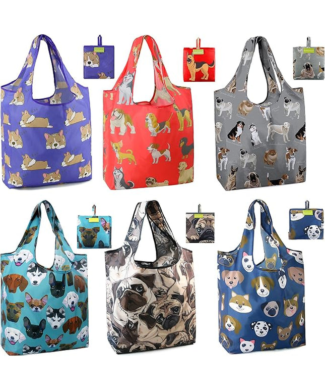 BeeGreen Cute Dog Cloth Gift Bags - Reusable Grocery Bag with Handles Foldable Washable 6 Pack - Extra Large Heavy Duty Tote Bag for Groceries (Bulk Holiday Packable Travel) - Shopping Bags for Women