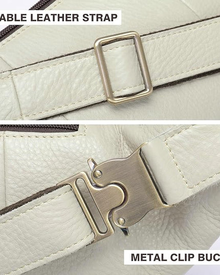 Genuine Leather Fanny Pack large capacity Crossbody Waist Bag with Zipper phone Pockets white