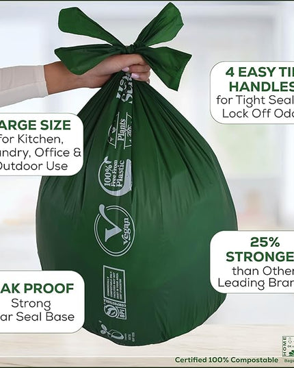 Large Compostable Trash Bags - 10-13 Gallon, 50 Pack, 100% Plastic-Free Decomposing Easy-Tie Trash Can Bags & Liners, Thick Kitchen, Bathroom & Backyard Bin Bags for Food & Green Waste