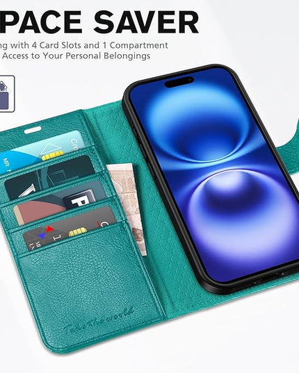 TUCCH Wallet Case for iPhone 16, [RFID Blocking] 4 Card Holder Kickstand [Shockproof TPU Interior Case] PU Leather Magnetic Closure Protective Flip Cover Compatible with iPhone 16 5G 2024, Cyan