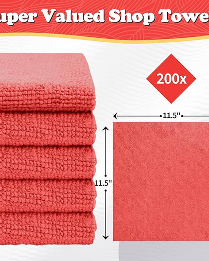 FIXSMITH Shop Towels, Red Microfiber Cleaning Cloth Bulk, 200 Pack Microfiber Towels for Cars, All-Purpose Absorbent Cleaning Rags, Dust Cloth for Automotive, Mechanic, Garage, Bar, 11.5 x 11.5 inch